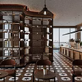 Modern Café Interior With Open Layout Counter Large Windows And Patterned Floor Tiles 3d model