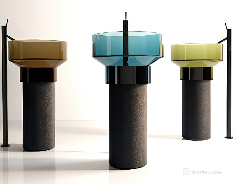 Three Stylish Modern Washbasins In Brown Blue Yellow With Black Pedestals Design 3d model 