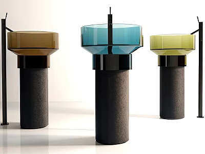 Three Stylish Modern Washbasins In Brown Blue Yellow With Black Pedestals Design 3d model
