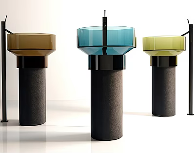 Three Stylish Modern Washbasins In Brown Blue Yellow With Black Pedestals Design 3d model