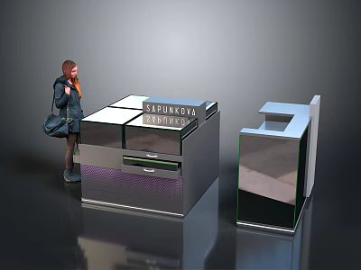Modern Reception Desk Design With Glass Top Metal Frame And Visitor Standing Nearby 3d model