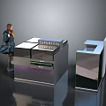 Modern Reception Desk Design With Glass Top Metal Frame And Visitor Standing Nearby