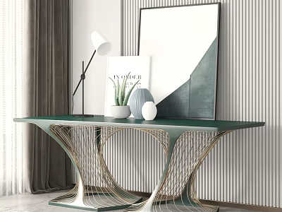 Modern Console Table With Green Countertop Metal Woven Base Table Lamp And Wall Art 3d model
