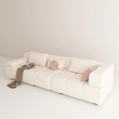 Minimalist White Three Seater Sofa With Pink Heart Shaped Pillow And Brown Blanket 3d model