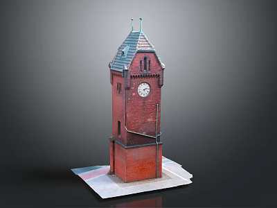 Red Brick Clock Tower With Dark Sloped Roof And Round Clock Face Design 3d model