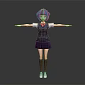 Anime Game Character With Purple Hair Dark Blue School Uniform Red Bow Tie Arms Outstretched