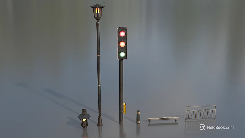 Urban Public Facilities Featuring Street Lamp Traffic Light Small Lamp And Metal Railing 3d model 