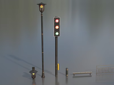 Urban Public Facilities Featuring Street Lamp Traffic Light Small Lamp And Metal Railing 3d model