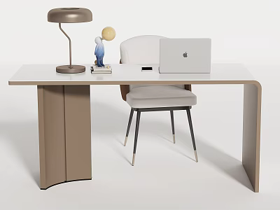 Modern White Desk With Brown Table Lamp Laptop Mobile Phone And Gray Chair 3d model