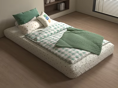Single Bed Interior With Checkered Bedding Green Blanket And Decorative Pillows 3d model