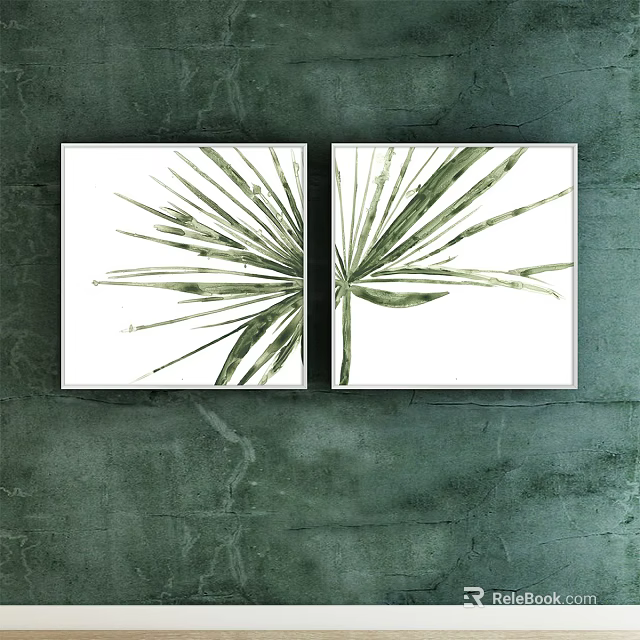 Two Green Leaf Plant Paintings in White Frames on Dark Green Wall 3d model 