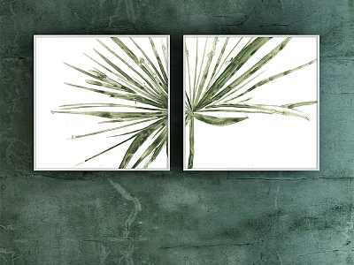 Two Green Leaf Plant Paintings in White Frames on Dark Green Wall 3d model