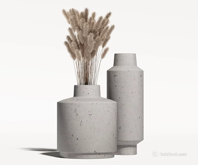 Two Concrete Vases With Speckled Texture Holding Dried Pampas Grass Arrangement 3d model 
