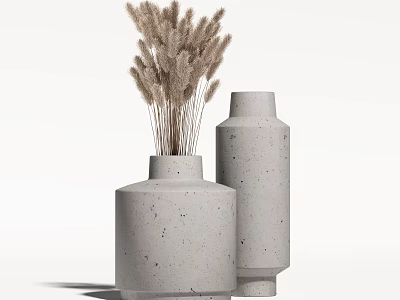 Two Concrete Vases With Speckled Texture Holding Dried Pampas Grass Arrangement 3d model