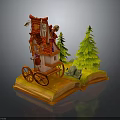 Whimsical Open Book Display With Small Wheeled House And Green Pine Trees