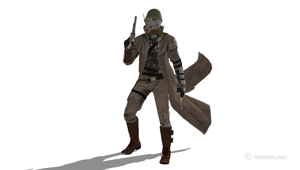 Post Apocalyptic Game Movie Character With Green Helmet Mask And Brown Trench Coat 3d model 