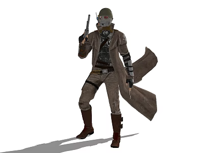 Post Apocalyptic Game Movie Character With Green Helmet Mask And Brown Trench Coat 3d model