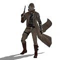 Post Apocalyptic Game Movie Character With Green Helmet Mask And Brown Trench Coat
