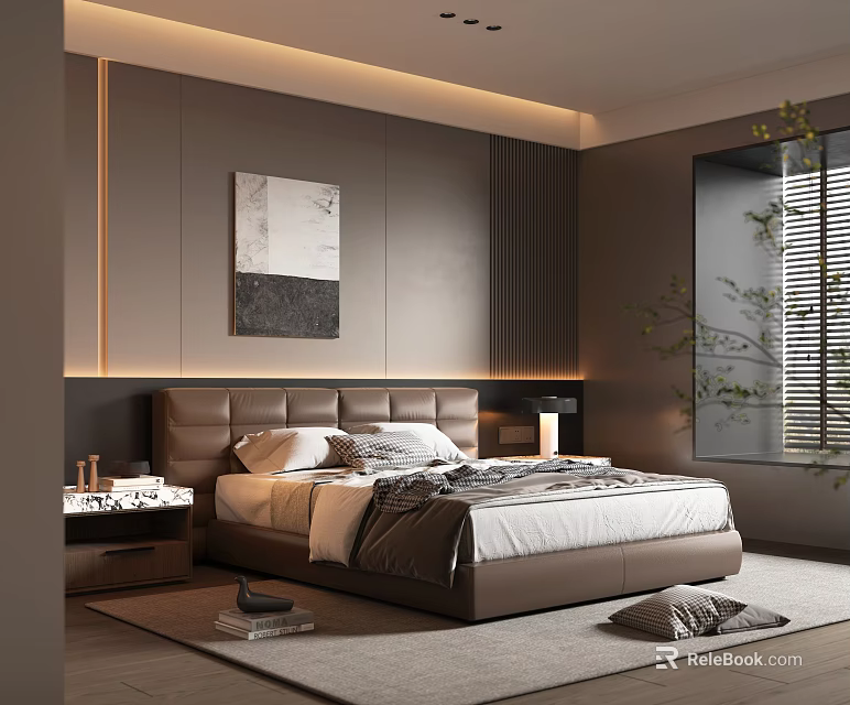Modern Bedroom Interior Design With Leather Headboard Bed Artwork Wooden Panel And Ambient Lighting 3d model 