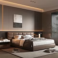 Modern Bedroom Interior Design With Leather Headboard Bed Artwork Wooden Panel And Ambient Lighting