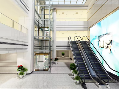 Reception Desk in Modern Lobby with Glass Elevator Escalator Green Plants and Marble Floor 3d model