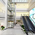 Reception Desk in Modern Lobby with Glass Elevator Escalator Green Plants and Marble Floor