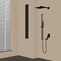 Sleek Black Shower System in Modern Beige Bathroom with Wall Mounted Design and Storage Shelves