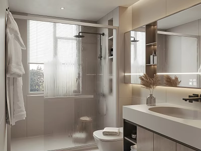 Modern Bathroom With Shower Toilet Vanity Mirror Blinds And Towel Rack 3d model