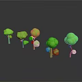 Green Tree Models With Light Colored Trunks And Green Canopies On Black Background With Reflections