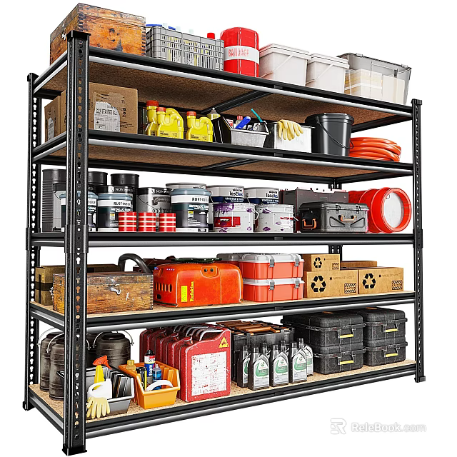 Organized Storage Shelf With Various Containers Tools And Cleaning Supplies 3d model 