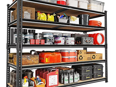 Organized Storage Shelf With Various Containers Tools And Cleaning Supplies 3d model