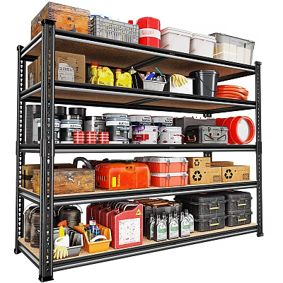 Organized Storage Shelf With Various Containers Tools And Cleaning Supplies 3d model
