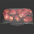 Fresh Red Sausages Packaged In Transparent Plastic Bag On Black Background