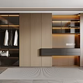 Modern Wardrobe Design With Wooden Cabinets Glass Doors Hanging Clothes Lit Shelves And Striped Rug