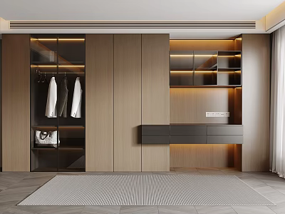 Modern Wardrobe Design With Wooden Cabinets Glass Doors Hanging Clothes Lit Shelves And Striped Rug 3d model