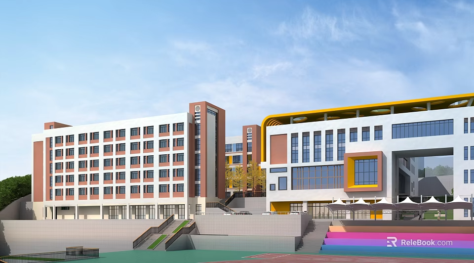 Modern School Building With Multi Story Structure Large Windows And Sports Ground 3d model 