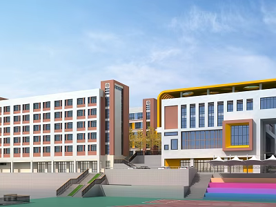 Modern School Building With Multi Story Structure Large Windows And Sports Ground 3d model