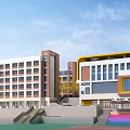 Modern School Building With Multi Story Structure Large Windows And Sports Ground
