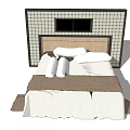 Background Double Bed With Wooden Headboard Grid Patterned Wall And White Sheets Brown Blanket