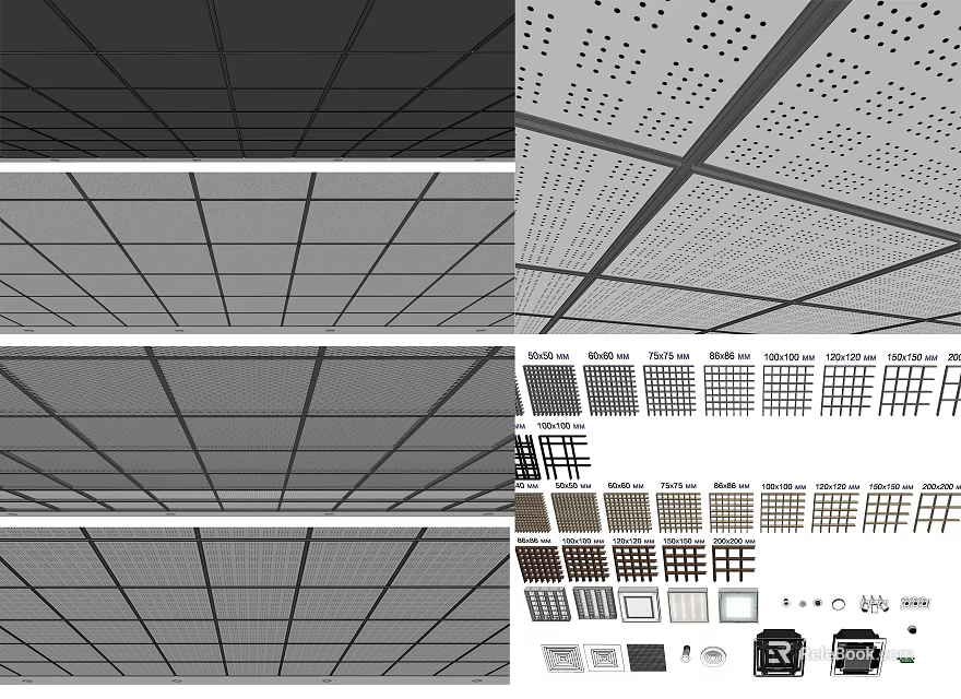 Modern Suspended Ceiling Designs Featuring Grid Patterns And Perforated Panels 3d model 