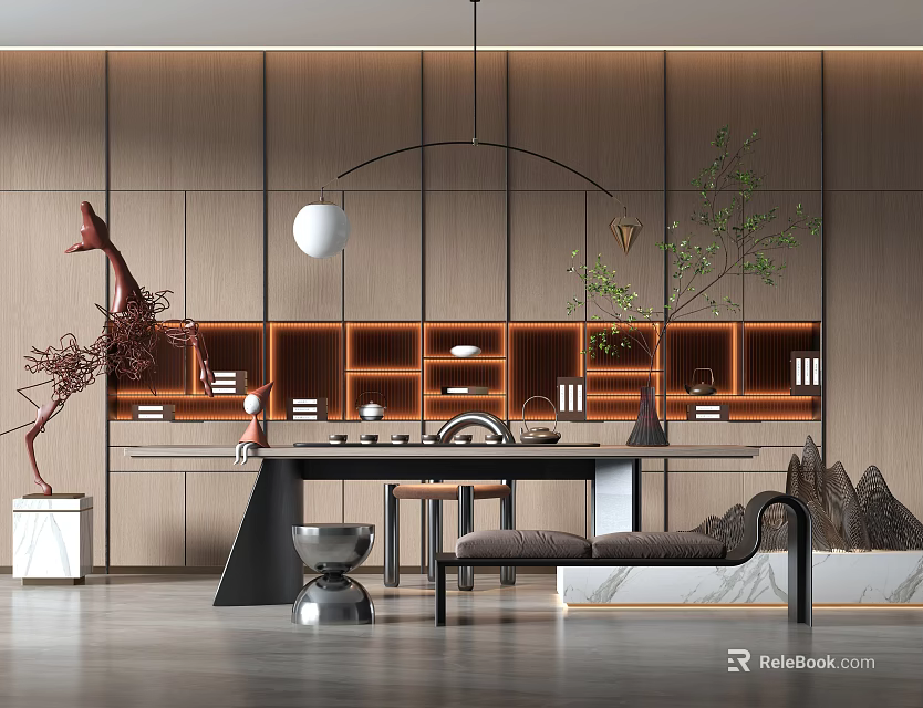 Modern Minimalist Tea Table and Chairs with Wooden Wall Shelves Decorative Plants and Hanging Lamp 3d model 