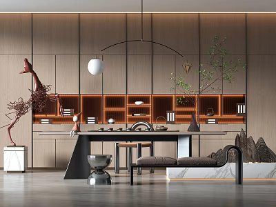 Modern Minimalist Tea Table and Chairs with Wooden Wall Shelves Decorative Plants and Hanging Lamp 3d model
