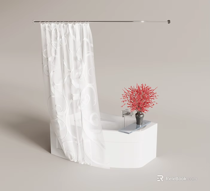 White Bathtub Featuring Patterned White Shower Curtain And Vase With Red Coral Plant 3d model 