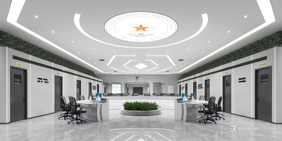 Modern Conference Room Interior Design With Circular Ceiling Green Plants Office Desks And Comfortable Chairs 3d model 