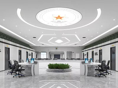 Modern Conference Room Interior Design With Circular Ceiling Green Plants Office Desks And Comfortable Chairs 3d model