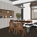 Cozy Modern Restaurant Dining Area With Wooden Table Chairs Green Plant Built-in Lighting And Shelves