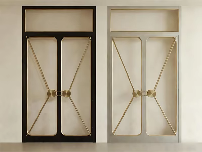 Modern Double Doors With Black And Silver Frames Crossed Metal Strips And Gold Handles 3d model