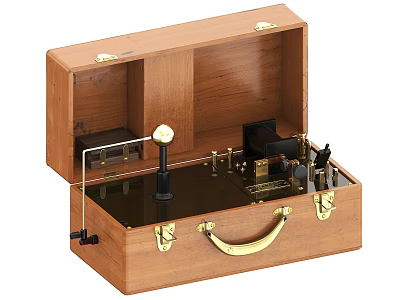 Vintage Industrial Equipment Open Wooden Case with Metal Components and Mechanical Structure 3d model