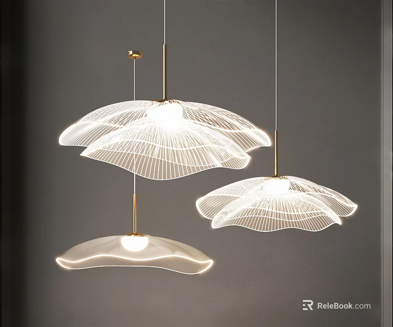 Modern Pendant Chandeliers With White Transparent Shades And Gold Metal Hangers For Interior Decoration 3d model 