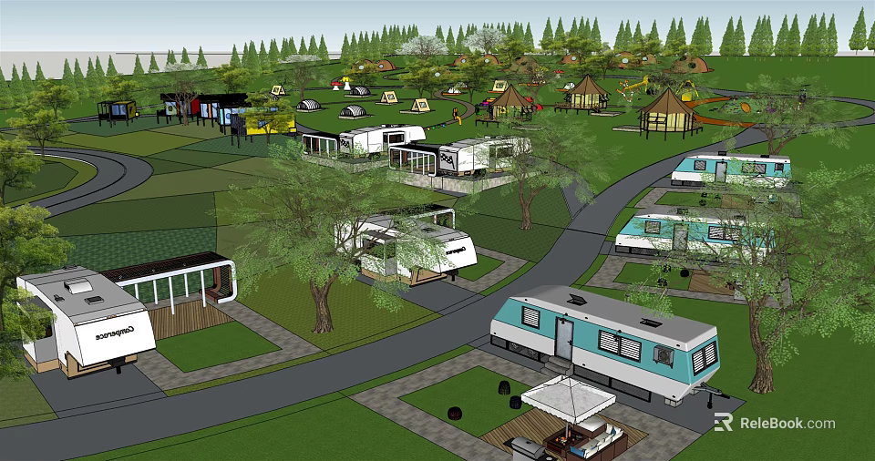 RV Park Garden Landscape With Green Lawns Trees RVs And Pathways 3d model 